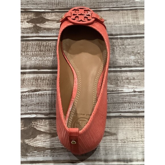TORY BURCH ORANGE MINI MILLER LIZARD PRINT LEATHER BIG REVA FLAT SZ 6.5M - Picture 5 of 7